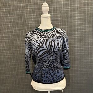 Alfred Dunner Blue Animal Print Long Sleeve Tee with Teal Trim